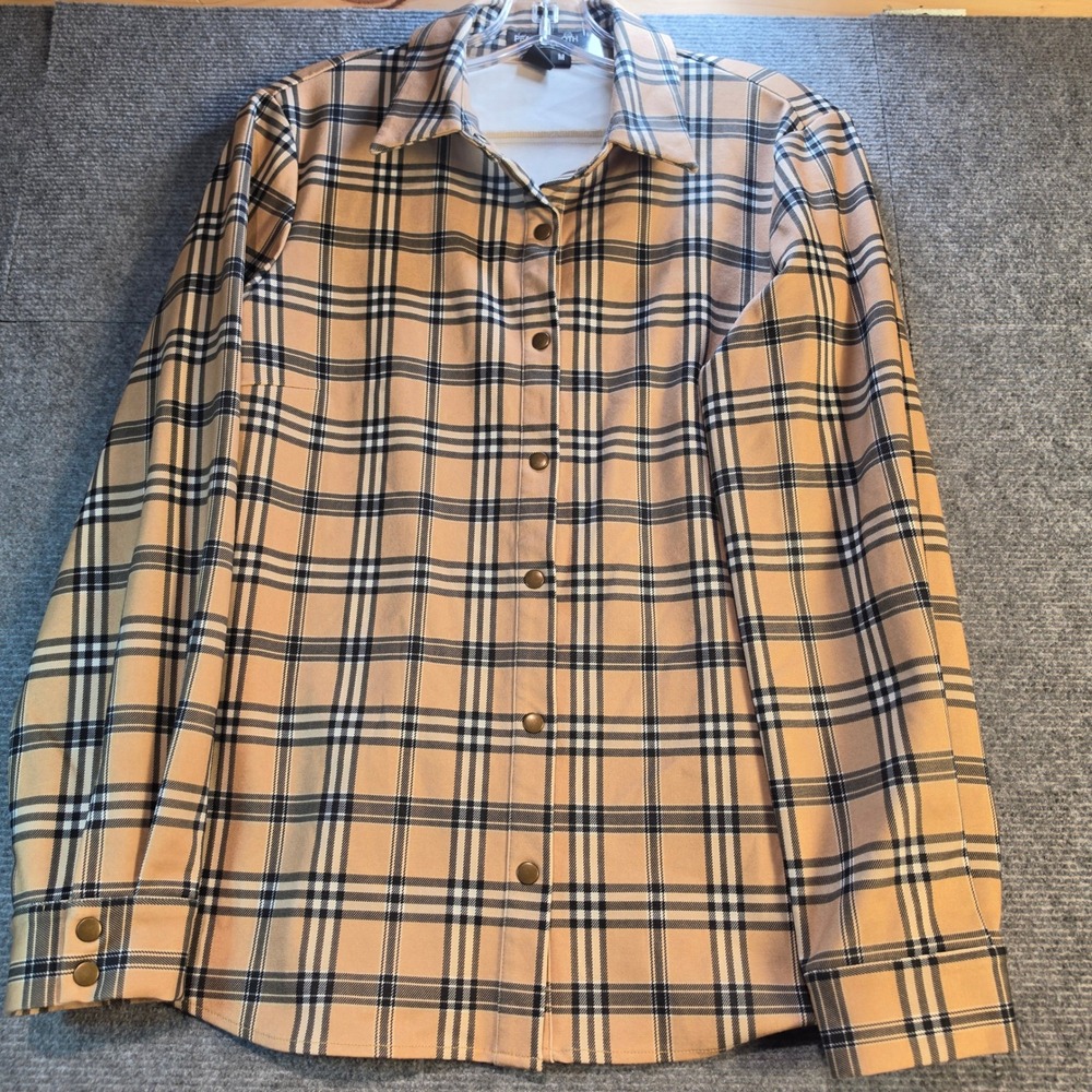 Peace of Cloth Plaid Shirt Women Size M Tan Black Excellent Snap Button Stretch